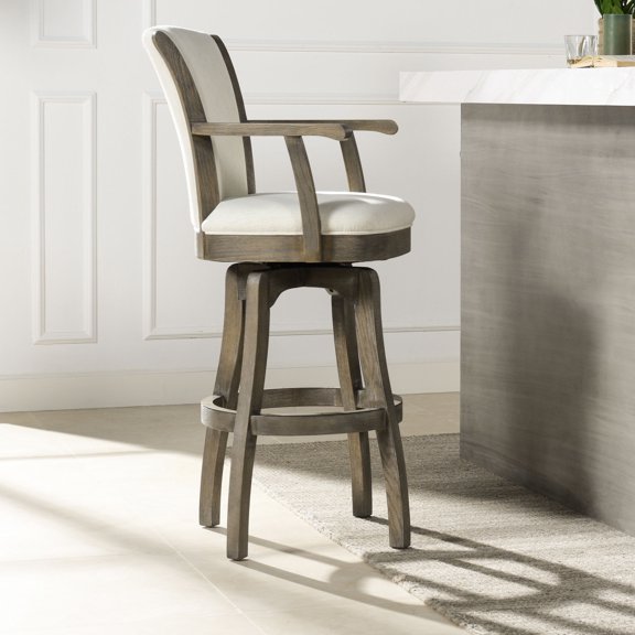 Natural Swivel Bar Stool with Armrests, High Back Support / Solid Hardwood Construction