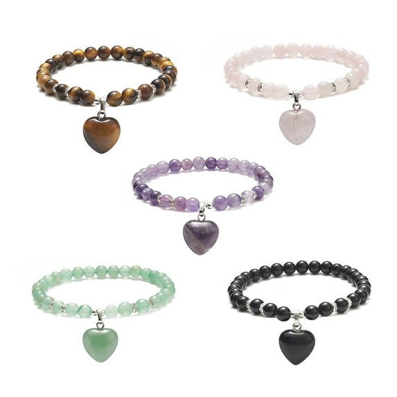 Natural & Synthetic Gemstone Beads Stretch Bracelets Heart Charms Bracelets for Women Inner Diameter: 2-1/8 inch(5.3cm)