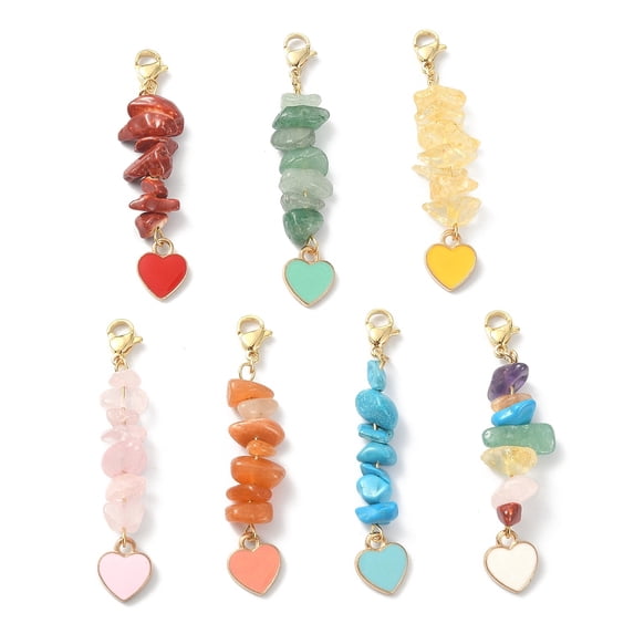 Natural & Synthetic Gemstone Chip Beaded Pendant Decorations Heart Alloy Enamel and 304 Stainless Steel Lobster Claw Clasps Charm Mixed Color 56mm about 7pcs/set