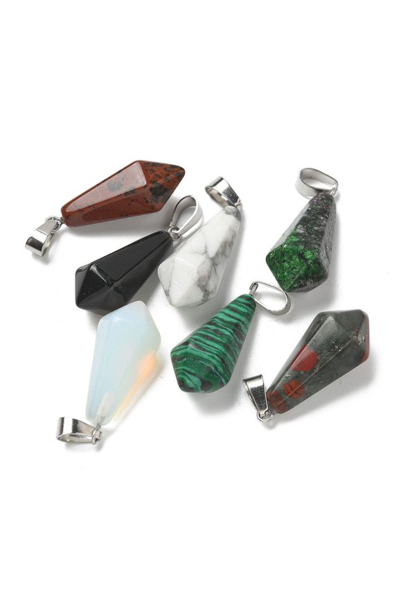 Natural & Synthetic Gemstone Pointed Pendants Faceted Bullet Shape Charms with 201 Stainless Steel Snap on Bails Stainless Steel color Mixed Dyed and Undyed 27~30.5x13x13mm Hole: 4x7mm
