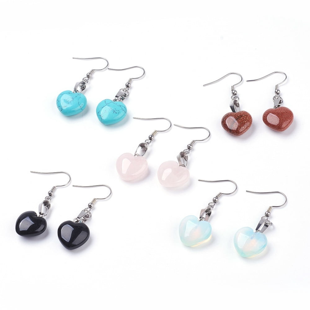Natural & Synthetic Mixed Gemstone Dangle Earrings with 304 Stainless Steel Earring Hooks Heart 47~48mm Pin: 0.6mm