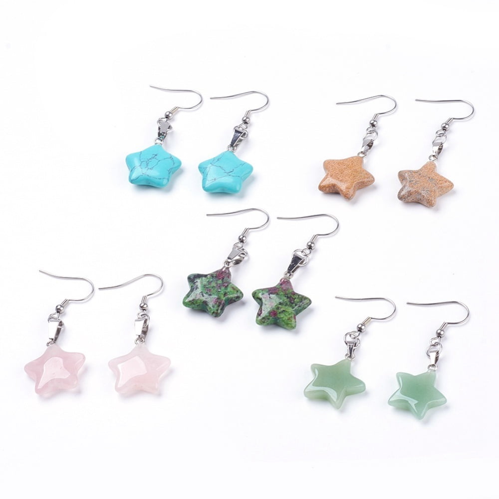 Natural & Synthetic Mixed Gemstone Dangle Earrings with 304 Stainless Steel Earring Hooks Star 52~53mm Pin: 0.6mm