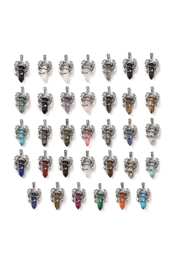 Natural & Synthetic Mixed Gemstone Pointed Pendants Faceted Bullet Charms with Rack Plating Platinum Tone Alloy Dragon Findings Mixed Dyed and Undyed 39~41x24~25x13~14mm Hole: 4x8mm