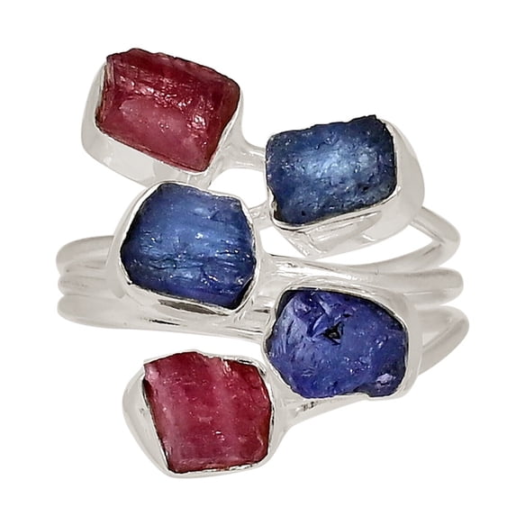 Natural Tanzanite Crystal & Pink Tourmaline 925 Silver Ring s.8 ALLR-30721