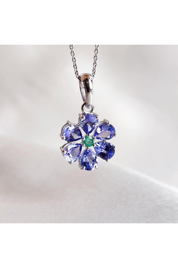 Natural Tanzanite & Emerald Pendant, 14K Solid White Gold Tanzanite Pendant, Dec May Birthstone Pendant, Christmas Present, Emerald Jewelry