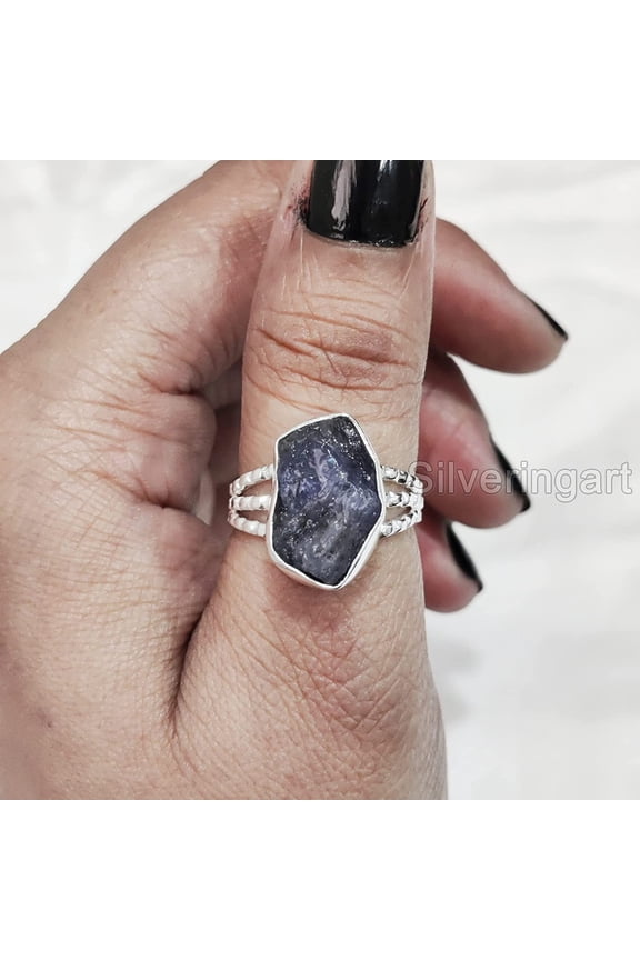 Natural Tanzanite Ring, Rough Tanzanite Gemstone Ring, December Birthstone, Doted Band, 925 Sterling Silver, Womens Ring, Christmas, Thanksgiving, Handmade, Statement Jewelry, Rough Gemstone Jewelry