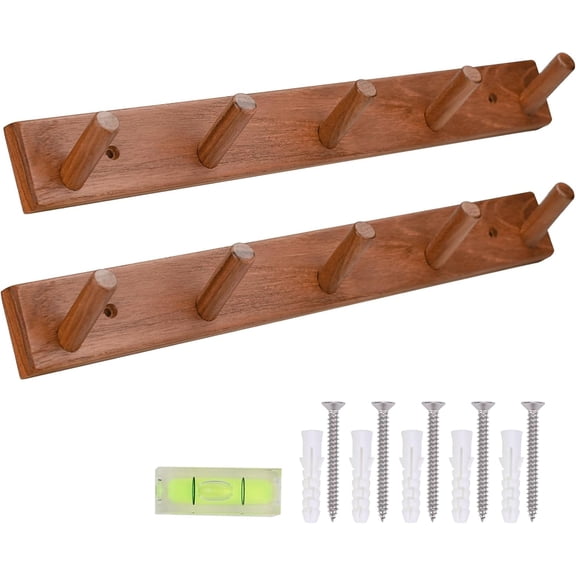 Natural Teak Wall-Mounted Coat Rack (Set of 2, 16.6")-Farmhouse Entryway Hooks with 5 Wooden Hooks Each, Rustic Bathroom Wall Pegs for Jackets, Backpacks & Towels