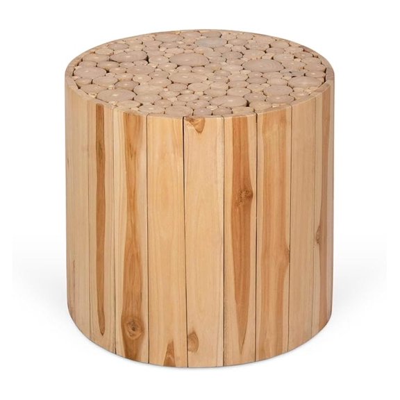 Natural Teak Wood Side Table Handcrafted 16" Round Accent Table or Stool, Rustic Farmhouse Nightstand, Solid Wood End Table for Living Room, Bedroom, or Entryway