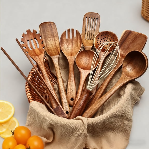 Natural Teak Wooden Kitchen Utensils Set 10 Pcs Nonstick Cookware Safe Cooking Tool Set