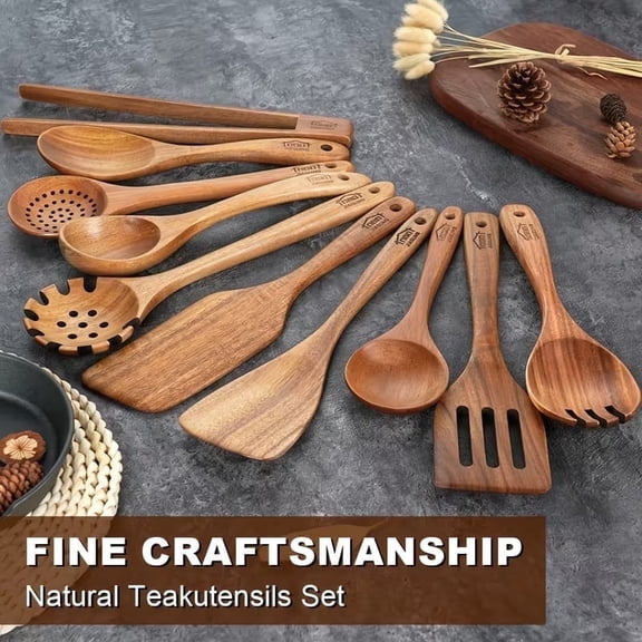 Natural Teak Wooden Kitchen Utensils Set 10 Pcs Nonstick Cookware Safe Cooking Tool Set