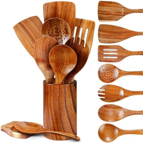 Natural Teak Wooden Utensil Set - 9 Pcs, Wooden Spoons for Cooking, Wooden Cooking Utensils Set with Holder & Spoon Rest, Soft Comfort-Grip Wood Kitchen Utensil Set for Non-Stick Cookware