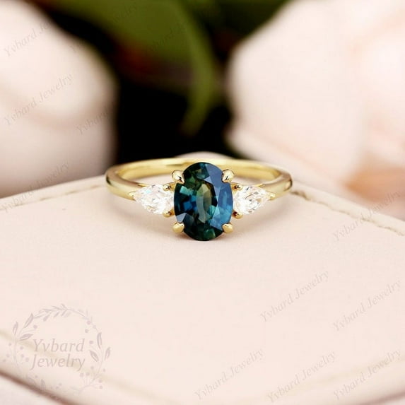 Natural Teal Sapphire Bridal Ring 6x8mm Oval Blue Green Sapphire Wedding Ring Three Stone Ring Dainty Engagement Ring Gemstone Gold Ring