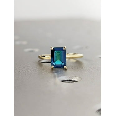 Natural Teal Sapphire Engagement Ring, 4 Prong Setting Ring, Emerald Cut Solitaire Montana Sapphire, Blue Green Peacock Sapphire Ring