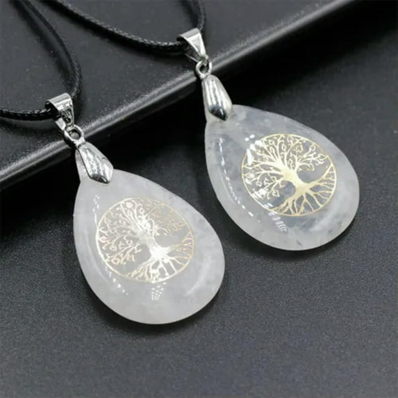 Natural Teardrop Tree of Life Necklace Pendant Germstone Energy Crystal Healing