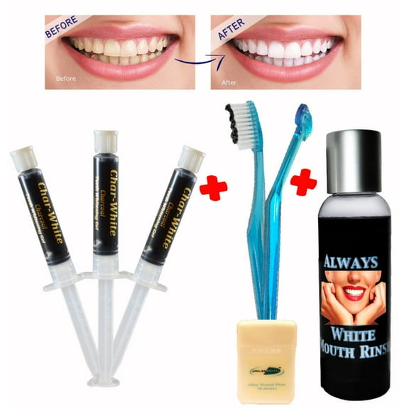Natural Teeth Whitening Premium Kit -Activated Charcoal Gel ( Qty 3 ) + Mouth Rinse + Soft Toothbrush - Made in Usa