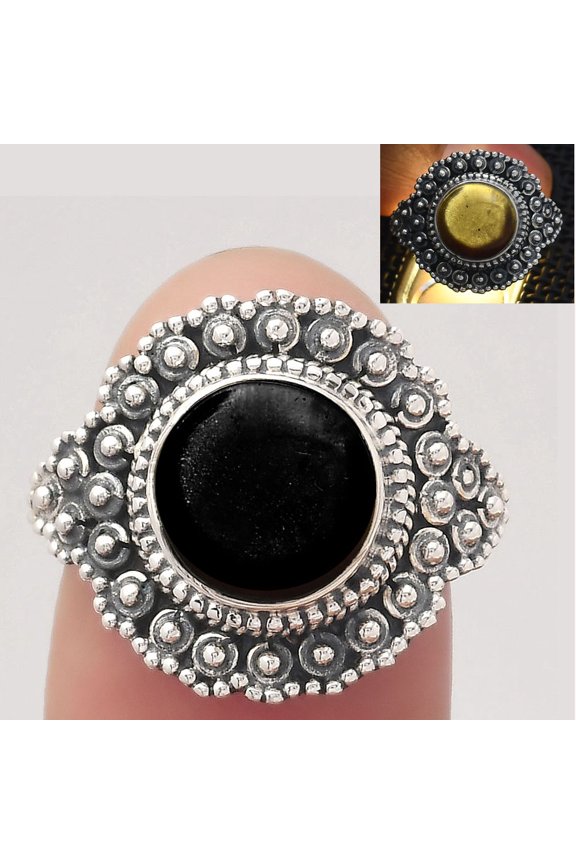 Natural Tektite Cab - Greek 925 Sterling Silver Ring s.7 Jewelry R-1124 SDR245903