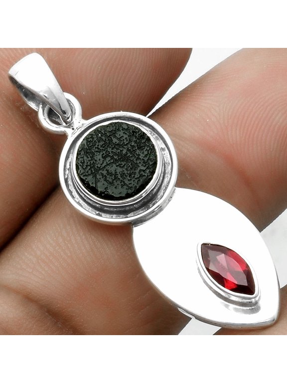 Natural Tektite Rough Greek & Garnet 925 Sterling Silver Pendant Jewelry P-1186 SDP115814