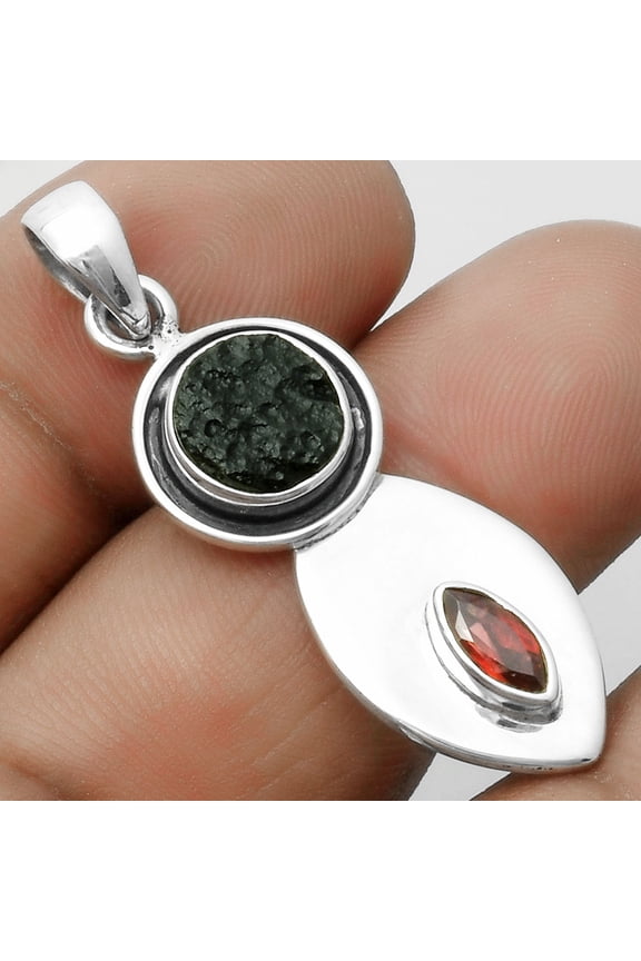 Natural Tektite Rough Greek & Garnet 925 Sterling Silver Pendant Jewelry P-1186 SDP115837