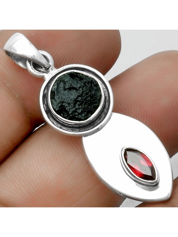 Natural Tektite Rough Greek & Garnet 925 Sterling Silver Pendant Jewelry P-1186 SDP115838
