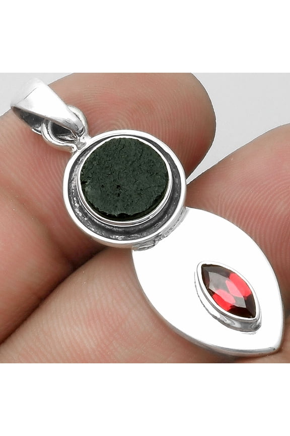 Natural Tektite Rough Greek & Garnet 925 Sterling Silver Pendant Jewelry P-1186 SDP115842