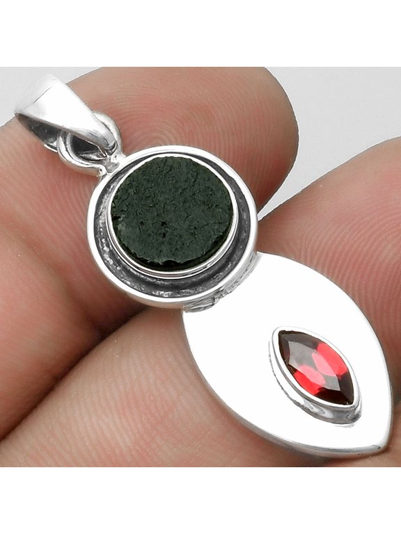 Natural Tektite Rough Greek & Garnet 925 Sterling Silver Pendant Jewelry P-1186 SDP115842