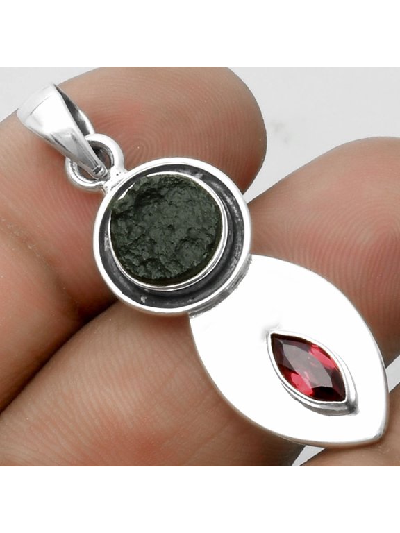 Natural Tektite Rough Greek & Garnet 925 Sterling Silver Pendant Jewelry P-1186 SDP115846