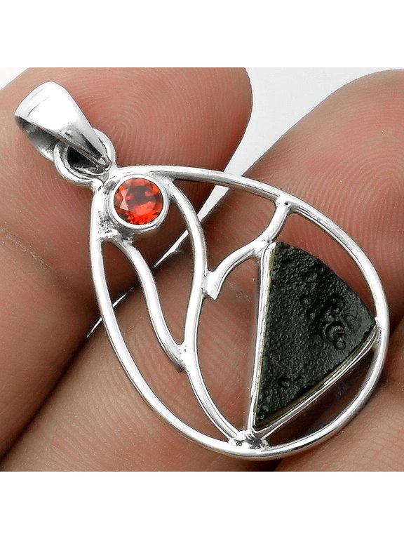 Natural Tektite Rough Greek & Garnet 925 Sterling Silver Pendant Jewelry P-1572 SDP115744