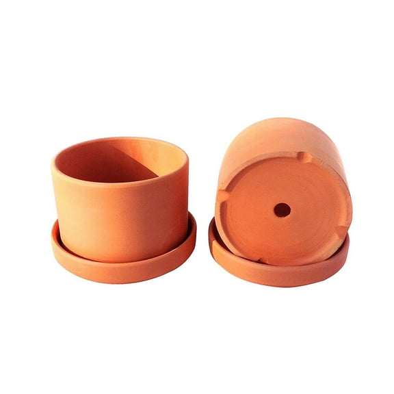 Natural Terracotta Round Fat Walled Garden Planters with Individual Trays, Set of 2