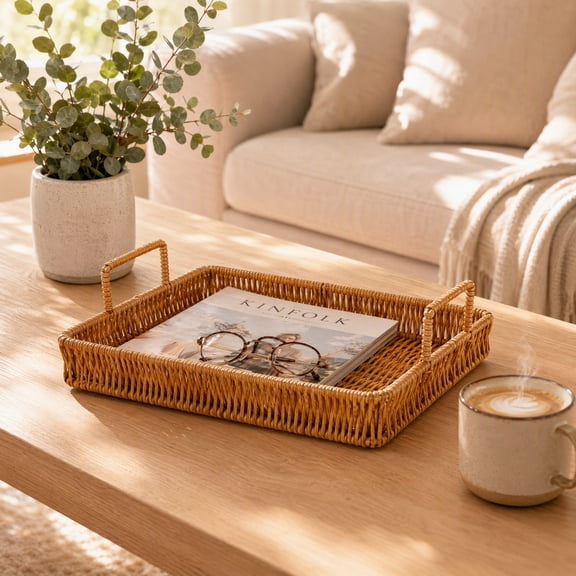Natural Texture Woven Basket, Rattan Fruit Storage Tray, Handmade Kitchen Decor