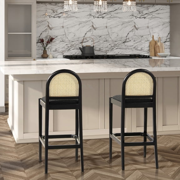 Natural Textured Oak - Cane Seat Back - Indoor Bar - Tweed Faux Sherpa Seating