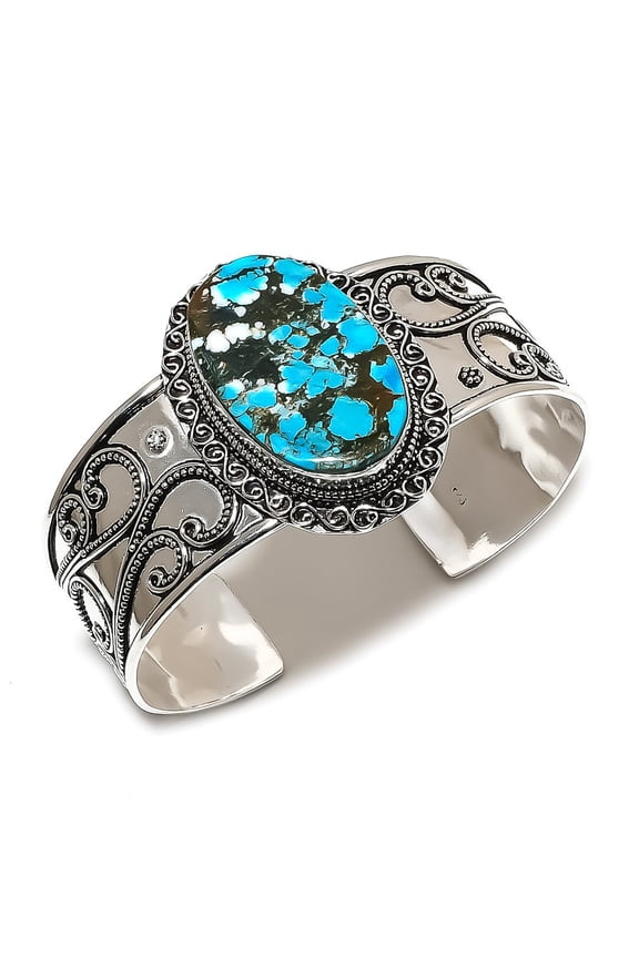 Natural Tibetan Turquoise 925 Sterling Silver Cuff Bangle Adjustable