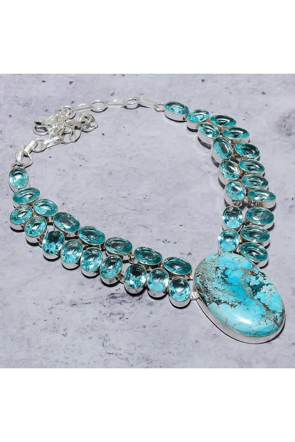 Natural Tibetan Turquoise, Blue Topaz 925 Sterling Silver Necklace 18"