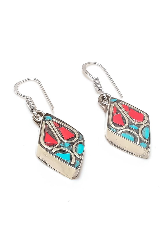 Natural Tibetan Turquoise, Coral 925 Sterling Silver Jewelry Earring 1.69"