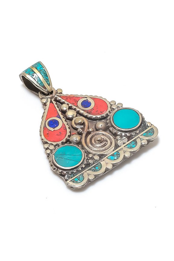 Natural Tibetan Turquoise, Coral 925 Sterling Silver Jewelry Pendant 2.17"