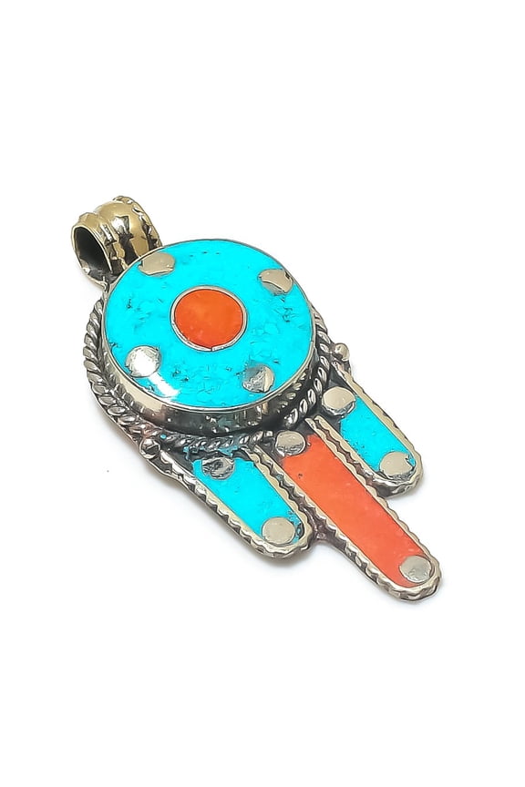 Natural Tibetan Turquoise, Coral 925 Sterling Silver Jewelry Pendant 2.25"