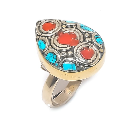 Natural Tibetan Turquoise, Coral 925 Sterling Silver Ring Size Adjustable