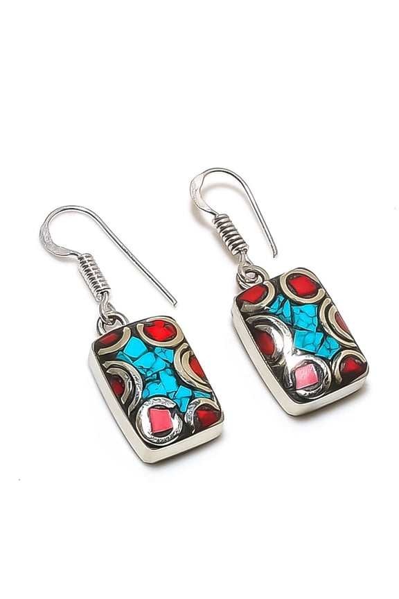 Natural Tibetan Turquoise, Coral Gemstone Handmade Jewelry Earring 1.30"