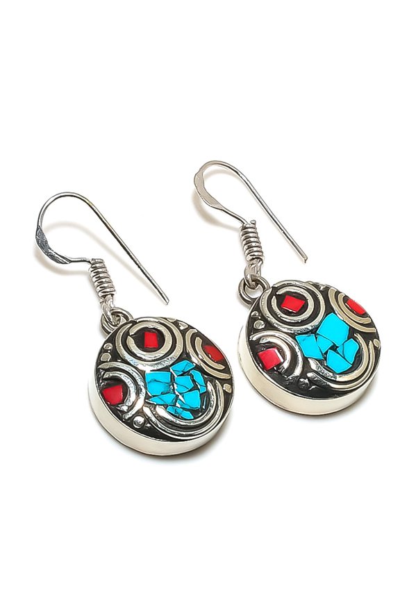 Natural Tibetan Turquoise, Coral Gemstone Handmade Jewelry Earring 1.34"