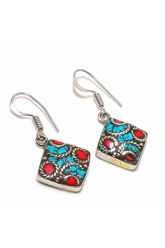 Natural Tibetan Turquoise, Coral Gemstone Handmade Jewelry Earring 1.34"