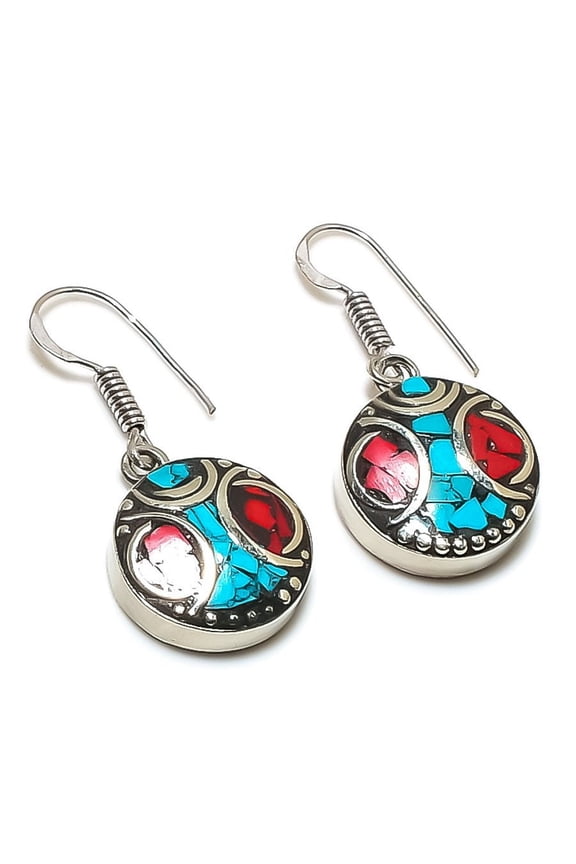 Natural Tibetan Turquoise, Coral Gemstone Handmade Jewelry Earring 1.38"