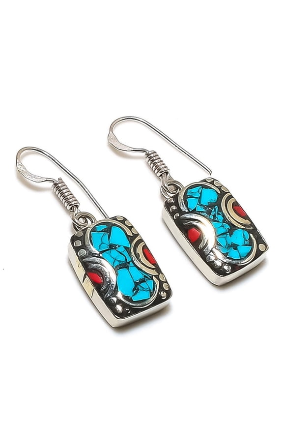 Natural Tibetan Turquoise, Coral Gemstone Handmade Jewelry Earring 1.38"