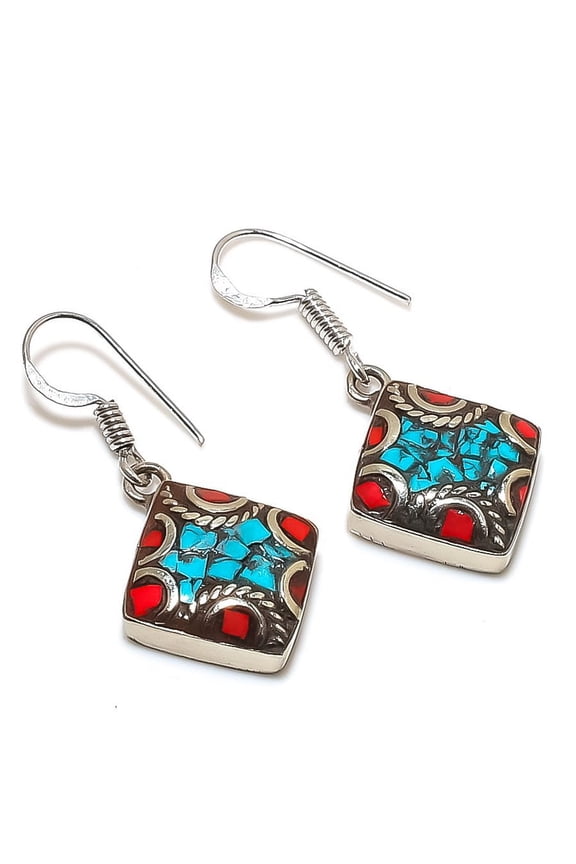 Natural Tibetan Turquoise, Coral Gemstone Handmade Jewelry Earring 1.38"