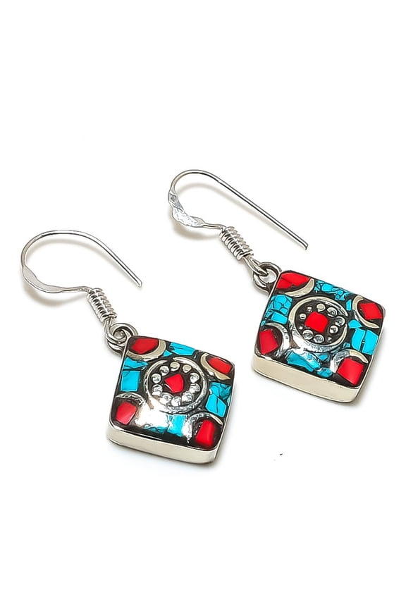Natural Tibetan Turquoise, Coral Gemstone Handmade Jewelry Earring 1.38"