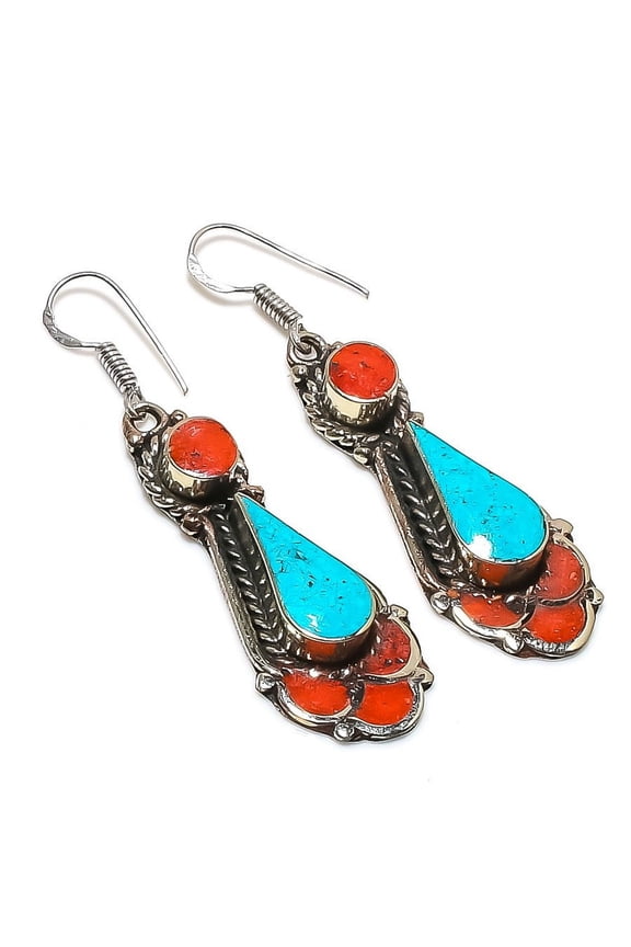 Natural Tibetan Turquoise, Coral Gemstone Handmade Jewelry Earring 2.29"
