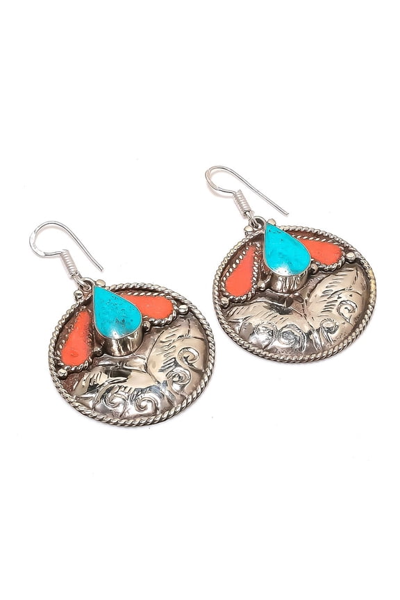 Natural Tibetan Turquoise, Coral Gemstone Handmade Jewelry Earring 2.36"