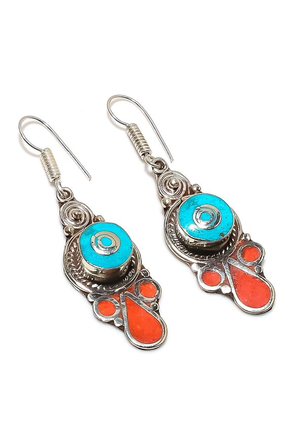Natural Tibetan Turquoise, Coral Gemstone Handmade Jewelry Earring 2.40"