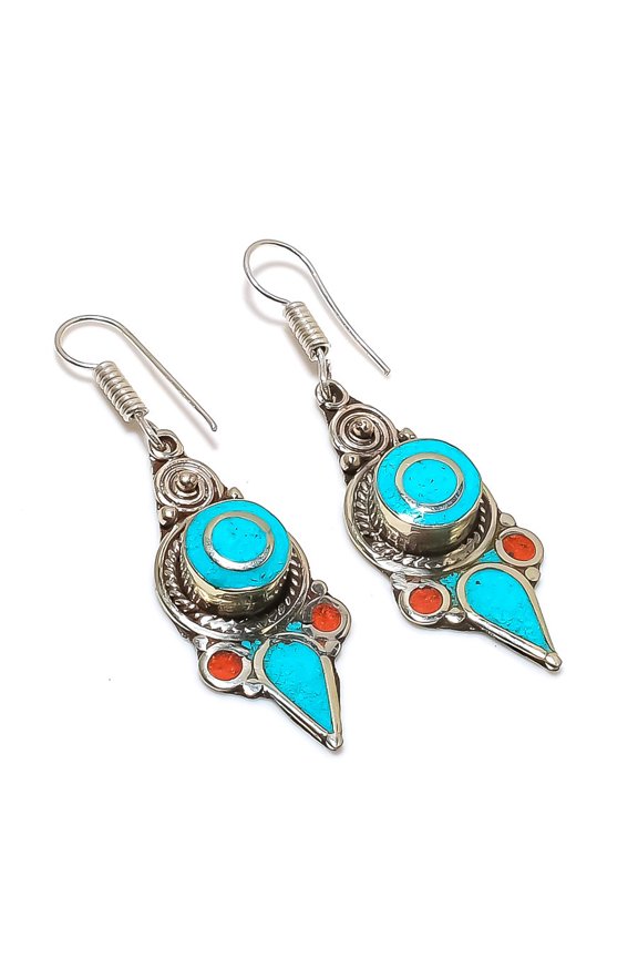 Natural Tibetan Turquoise, Coral Gemstone Handmade Jewelry Earring 2.40"