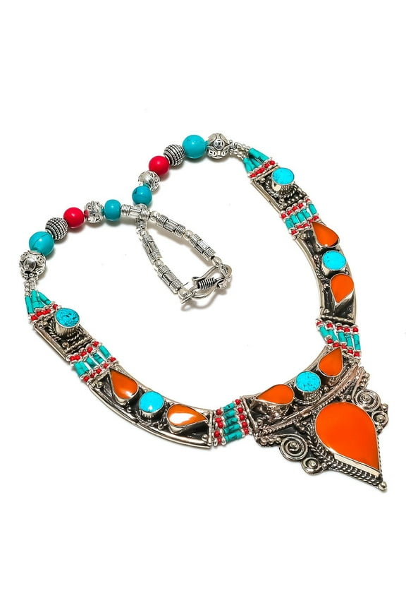 Natural Tibetan Turquoise, Coral Gemstone Handmade Jewelry Necklace 18"