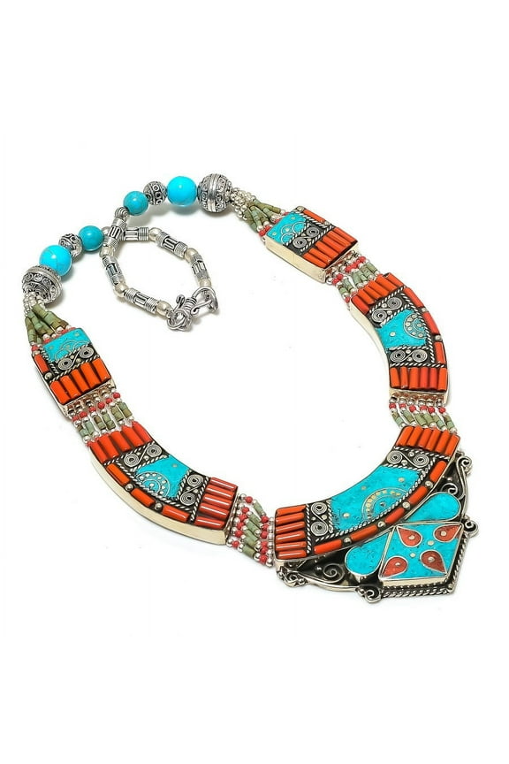 Natural Tibetan Turquoise, Coral Gemstone Handmade Jewelry Necklace 18"