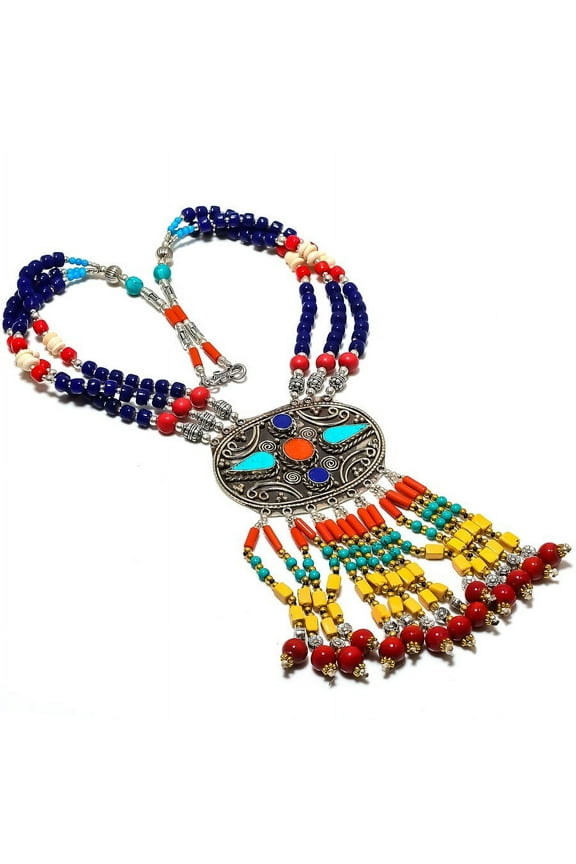 Natural Tibetan Turquoise, Coral Gemstone Handmade Jewelry Necklace 18"